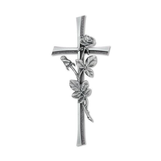 Elegantes Wand Aluminiumkreuz mit Rosenblten - Kreuz mit Rose