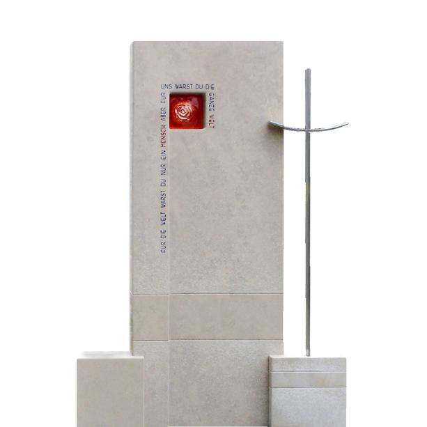 Schner Doppelgrabstein mit Glas Rose und Kreuz - Venosa