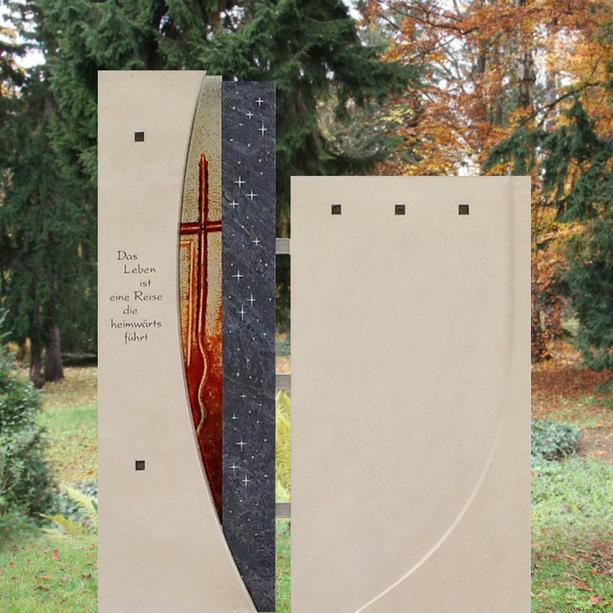 Schnes Grabmal Doppelgrab Naturstein Glas und Kreuz - Facella