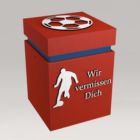 Urne mit Fuball Bild aus Holz im eckigen Design - rot -...